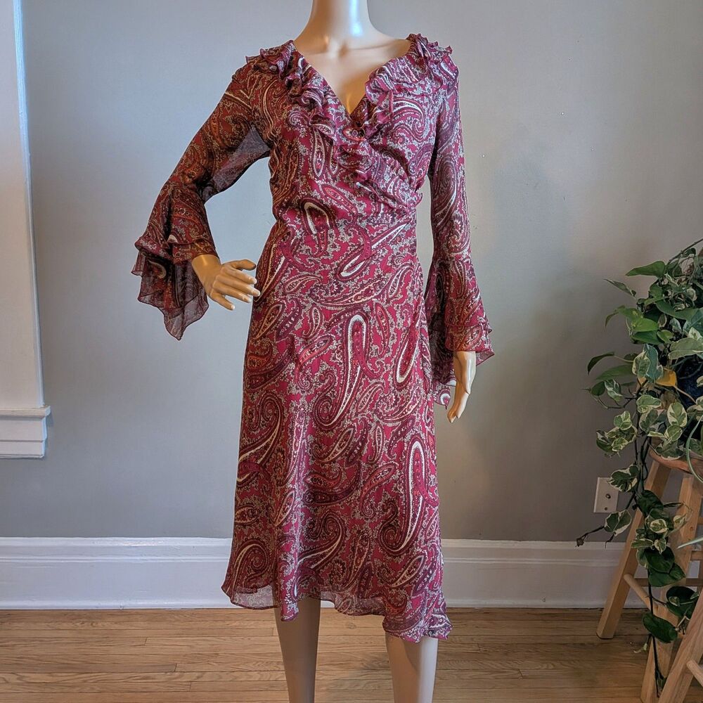Vintage Y2K Express Red Silk Paisley Midi Dress Whimsygoth Fairycore Size 7/8